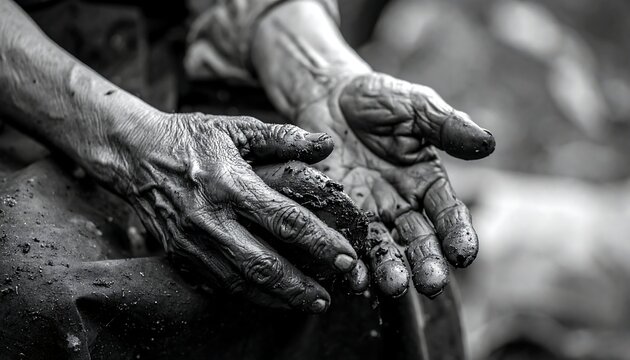 Worn hands, palms up, holding dark dirt. Texture, detail, and grit are visible in monochrome