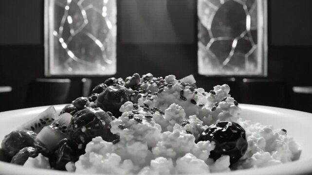 Black and white close up of a bowl of cottage cheese, kiwi, and berries with steam rising and artistic backdrop