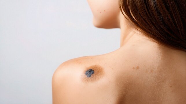 Medical visualization of Melanoma skin cancer, showing malignant pigmented tumor pathology, dermatological diagnosis and clinical treatment research for skin oncology education