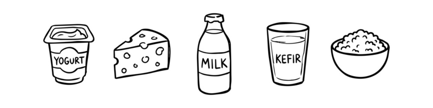 Hand-drawn line art illustrations of dairy products including yogurt, cheese, milk bottle, kefir glass, and cottage cheese bowl. Minimalist black and white doodle style banner.
