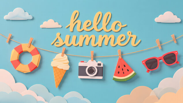 Vector illustration featuring the text "hello summer" designed in a paper craft or origami style.