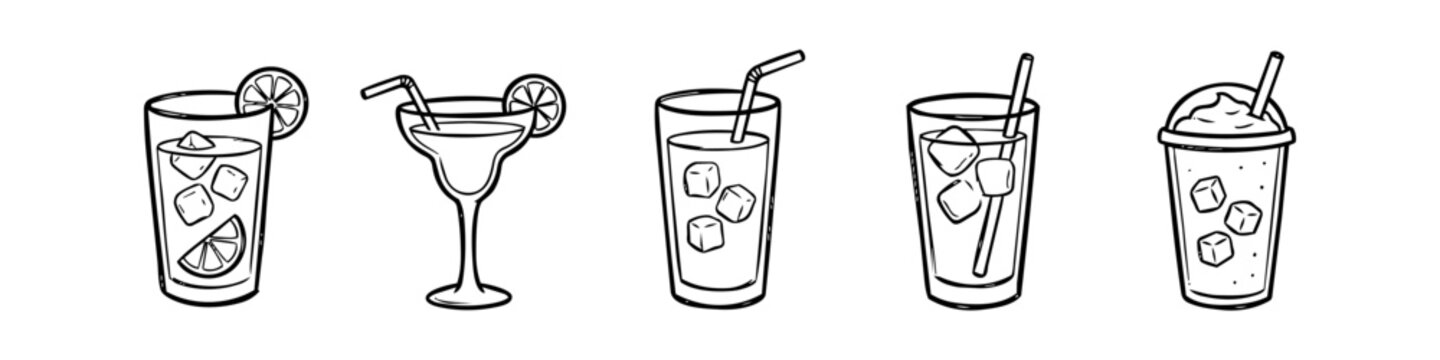 Hand-drawn line art illustrations of refreshing summer drinks, cocktails, and juices with ice cubes and straws, isolated on white. Perfect for cafe menus, bar signs, and refreshment branding.