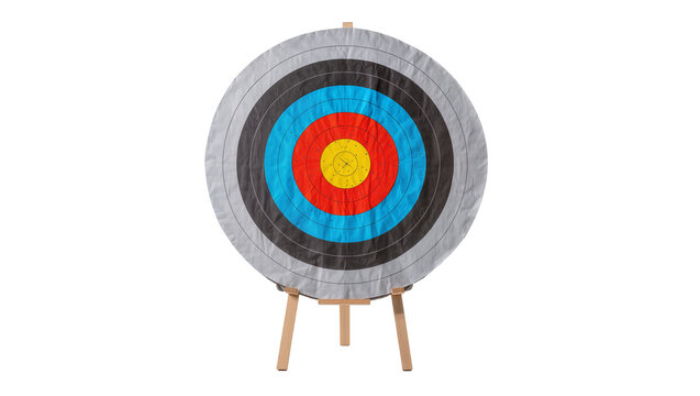 Circular archery target displaying concentric rings, resting on lightweight wooden tripod stand
