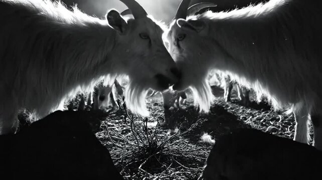Black and white close up of mountain goats sniffing each other in a misty environment