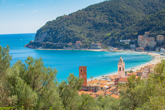  Aerial panoramic view of Noli, Liguria, province of Savona, Italy. Riviera dei Fiori. Fishermen's Beach. Maritime Republic