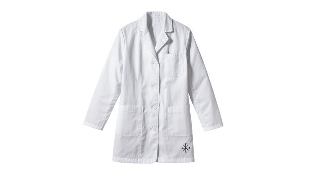 Crisp folded medical lab coat, displaying embroidered medical cross symbol