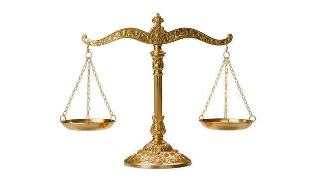 Ornate golden scales balanced on a decorative pedestal, symbolizing justice and fairness