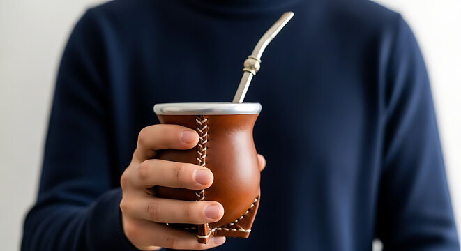Hand holding traditional South American gourd cup filled with mate and metal straw