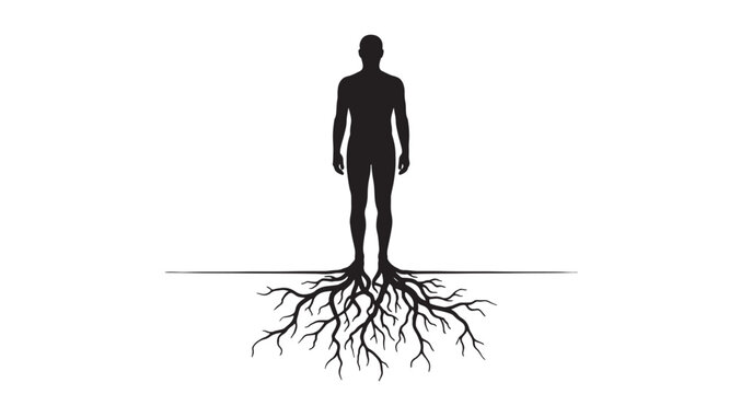 Human Growing Roots Silhouette conceptual vector illustration depicting a human silhouette firmly rooted to the ground, symbolizing deep connection, stability, growth, and inner strength.