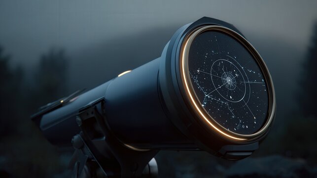 Digital telescope eyepiece displays star map overlay against misty night illuminated rim, precise optics, sensor readouts, augmented reality markers identifying constellations and nebulae, tripod