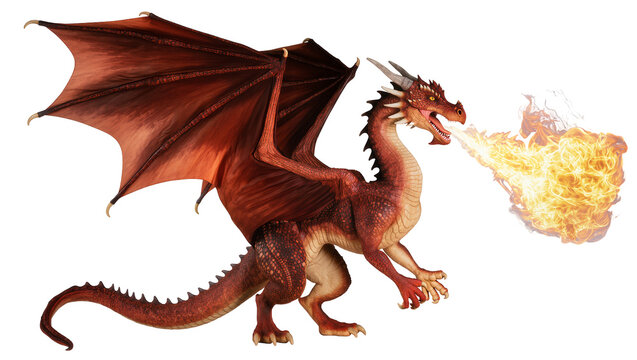 Red scaled dragon breathing orange fire, displaying large leathery wings and sharp claws