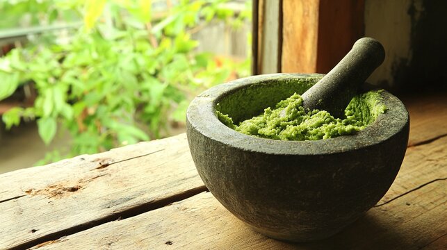 labdanum. A rustic stone mortar and pestle with green herbal paste on a wooden table in a cozy kitchen. menu design, packaging mockups, designed for culinary blogs and recipe cards for restaurants.