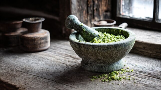 labdanum. A rustic stone mortar and pestle with green herbal paste on a wooden table in a cozy kitchen. menu design, packaging mockups, designed for culinary blogs and recipe cards for restaurants.