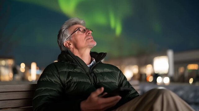 Aurora prediction app developer tests real time geomagnetic storm alerts with beta user community gathered in public park as shimmering northern lights intensify overhead validatin