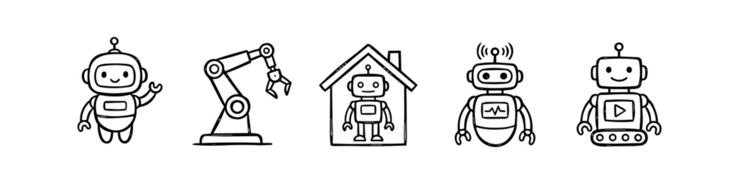 Set of minimalist hand-drawn robot doodle icons. Features industrial arm, smart home robot, and cute AI characters in black line art style, perfect for tech, automation, and futuristic concepts.