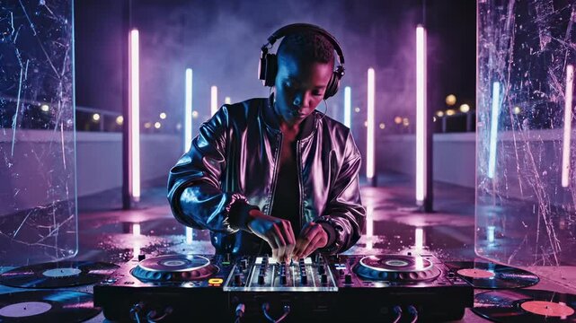 DJ mixing music on turntable console with neon lights glowing in nightclub atmosphere. Artist performs electronic music at mixer. DJ spins vinyl on turntable deck. Neon club with music performance.