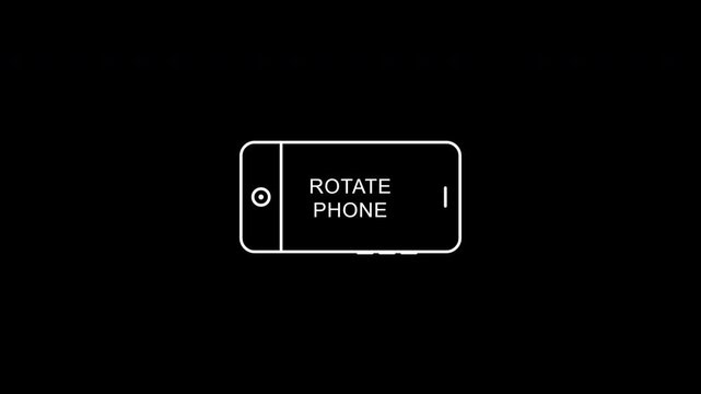 Animated video demonstrating how to rotate a smartphone from portrait to landscape mode with a simple white line drawing on a black background, ideal for app tutorials