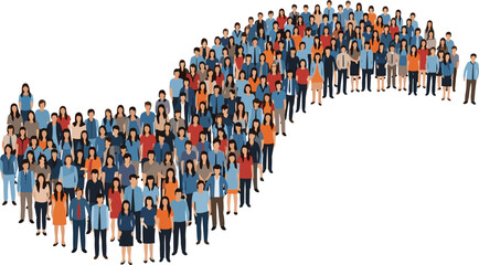 Fototapeta premium Large group of diverse people characters standing together forming a curved shape isolated on white background for community teamwork and social connection concepts