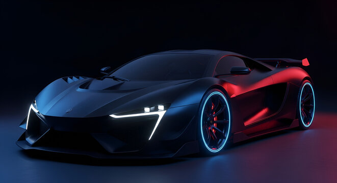 Futuristic sports car with neon lights on dark background