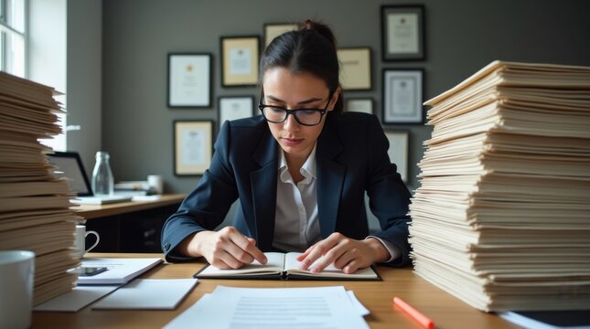 Abogada organizando m&uacute;ltiples expedientes en su escritorio con un dise&ntilde;o estructurado, preparaci&oacute;n de casos
