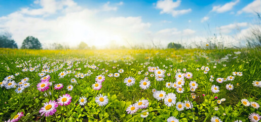 Panoramic view of a vibrant summer nature scene with pink and white daisy flowers blooming in a green meadow. A bright landscape under a sunny blue sky with soft clouds.
