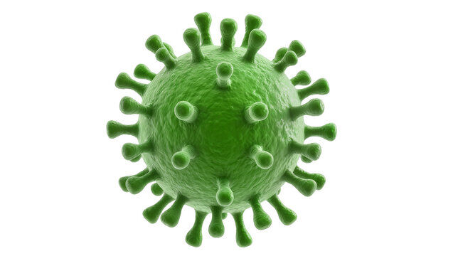 Vivid green virus particle displaying spiky surface, detailed cellular structure