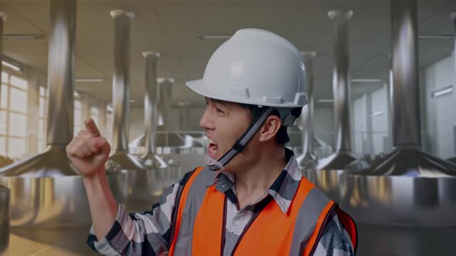 Close Up Side View Of Angry Asian Male Engineer With Safety Helmet Shouting At Someone While Standing at Stainless Steel Brewing Vats in Beer Manufacturing Plant