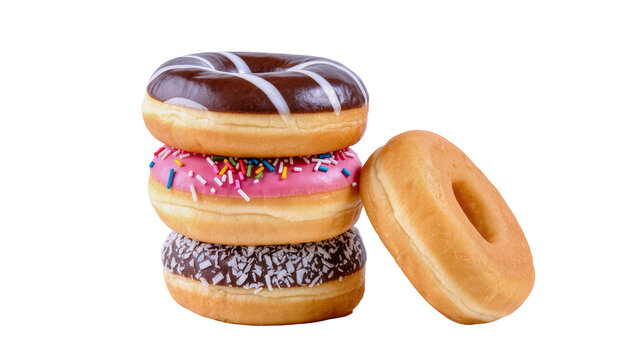 Stacked glazed donuts with chocolate sprinkles and colorful icing, plus plain ring donut