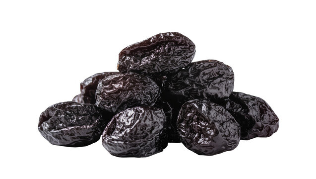 Pile of dark dried prunes wrinkled and glossy, showcasing rich texture