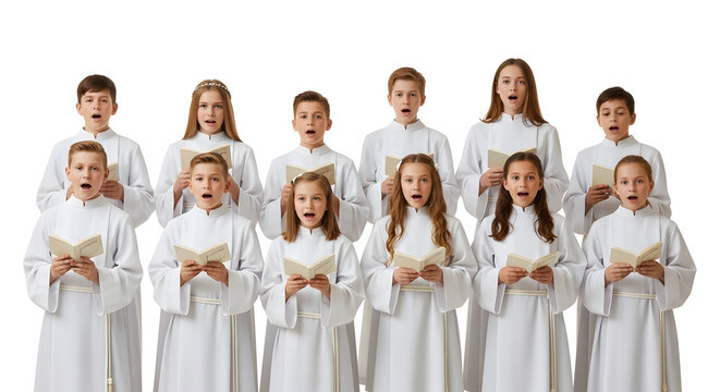 A group of children in white robes singing and holding hymn books in a choir