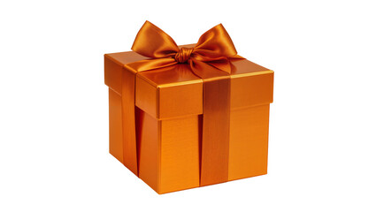 Copper gift box wrapped in shiny orange ribbon, adorned with a satin bow