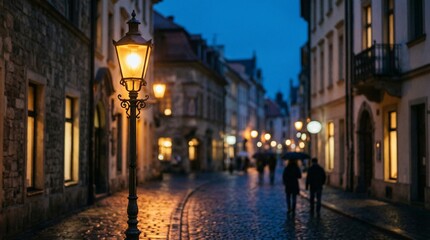 Fototapeta premium Cobblestone Street at Dusk with Gas Lamp Light and Silhouettes of People Walking