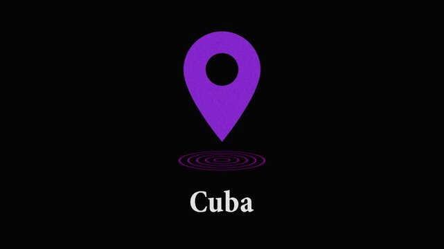 Purple map pin icon with cuba text on black background, location marker for caribbean island travel country word ripple design