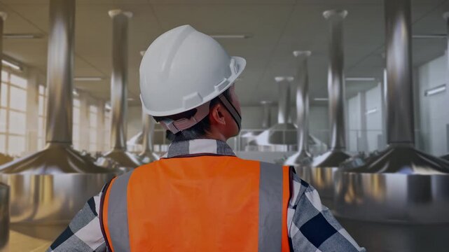 Close Up Back View Of A Male Engineer Wearing Safety Helmet Looking Around While Standing With Arms Akimbo at Stainless Steel Brewing Vats in Beer Manufacturing Plant