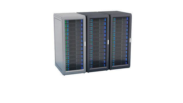 Three modern black server racks, displaying vibrant blue LED lights