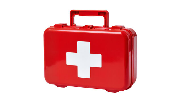 Red plastic first aid kit, featuring prominent white medical cross symbol
