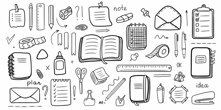 Hand drawn doodle set of school and office supplies, for planner design, education projects, back to school themes, branding, social media, scrapbooking and creative layouts
