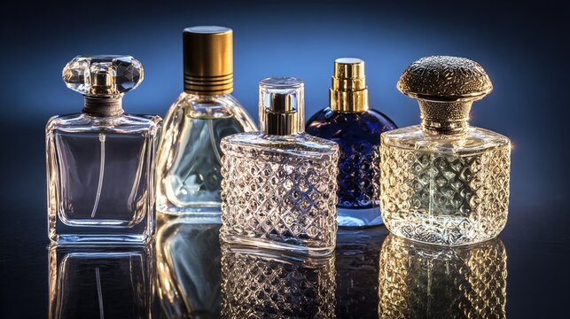 elite. Elegantly arranged luxury perfume bottles reflecting light on a deep blue gradient. bar promotions, beverage menus, designed for food & beverage menus and cafe branding, used by web designers.