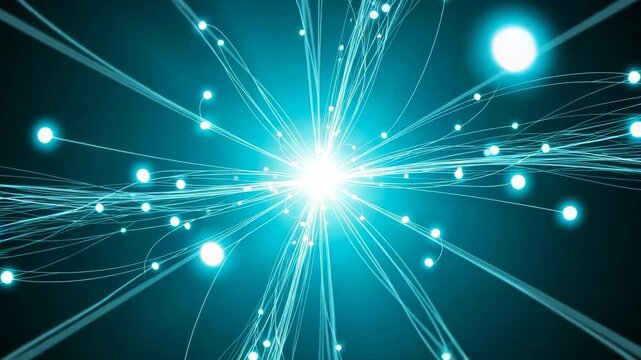 Burst of bright white and blue light rays with flying digital particles