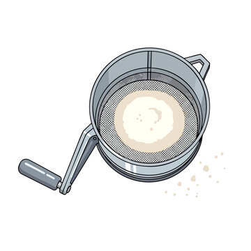 A silver crank sifter with powder inside, resting on a white background