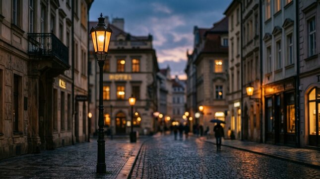 Cobblestone street with vintage lamppost at dusk, Prague Old Town