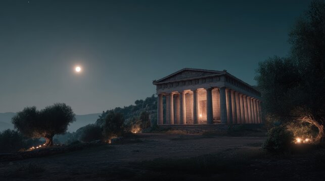 Space universe exploration, fantasy. A nighttime scene features a classical temple, illuminated by a full moon. The temple, with its ornate pediment and columns, is the central focus.