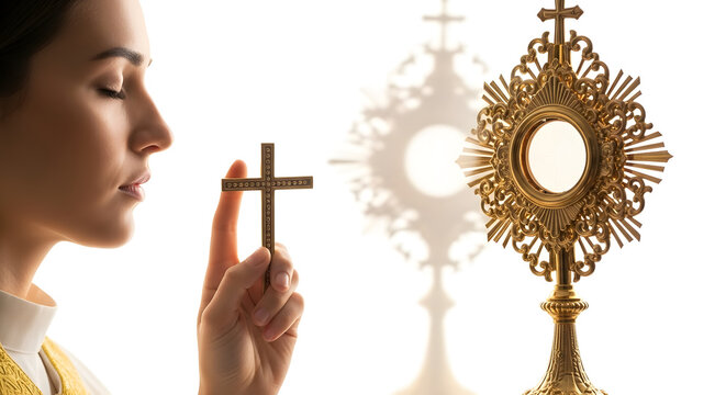 A woman holds a small cross in her hand, with a large golden monstrance in the background.