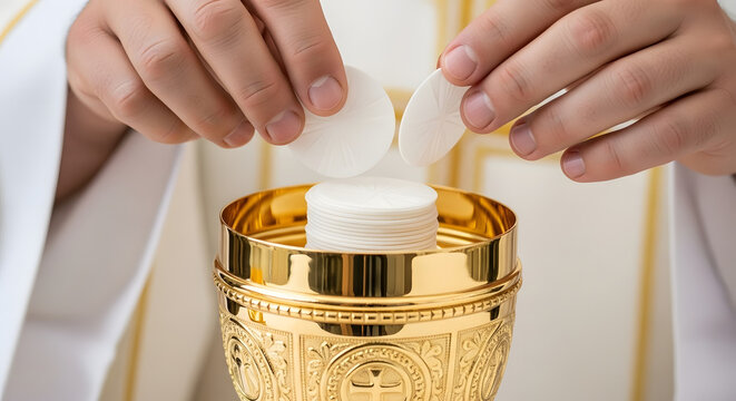 A priest preparing communion wafers in a golden ciborium for a religious ceremony