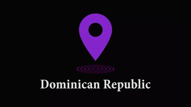 Purple map marker icon with dominican republic text and ripple effect on black background location pin icon caribbean navigation grap