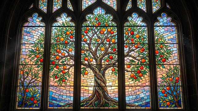 AI Generated: Detailed gothic arched stained glass window featuring a Fruitful Orange Tree (Tree of Life) in a mosaic art style with sunlight.