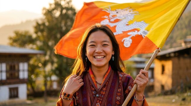 Joyful Bhutanese girl with national flag against backdrop of traditional architecture and