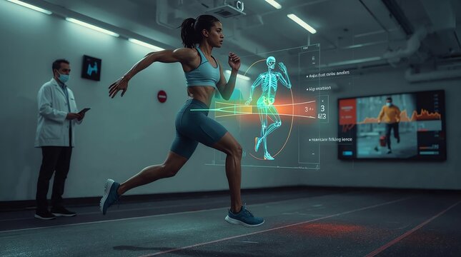 Athlete Running on a treadmill with futuristic augmented reality analysis in a high tech lab