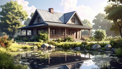 Fototapeta premium Serene Log Cabin Retreat Nestled by a Tranquil Pond Surrounded by Lush Greenery.