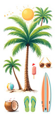 Obraz premium Palm trees beach ball sunglasses popsicle surfboard flip flops coconut summer vacation tropical